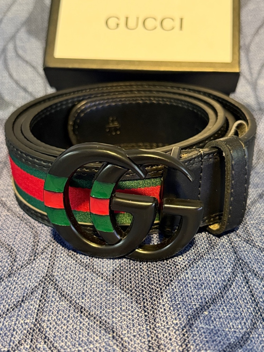 Men's Black Leather Web Stripe Logo Belt - Red/Green